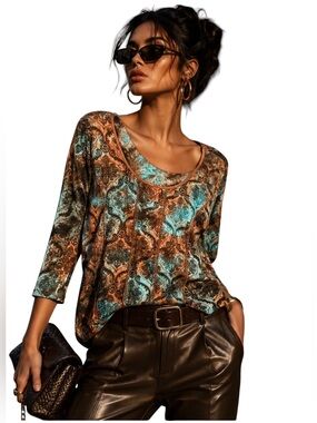 Vintage Cato Teal and Brown Patterned Women's Blouse